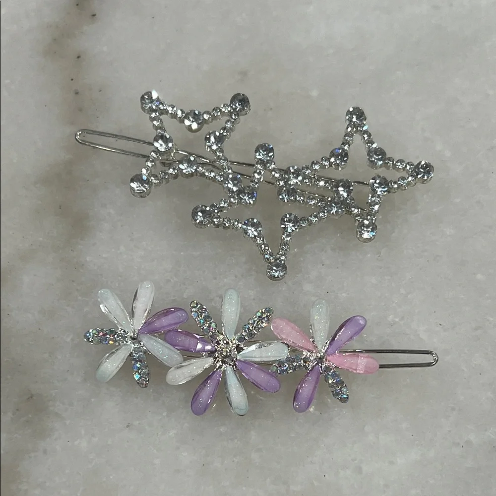 Sparkling Silver Star & Pastel Floral Hair Clips Set